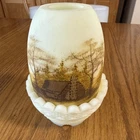 Vintage Fenton Hand Painted Custard Glass Log Cabin Landscape Scene