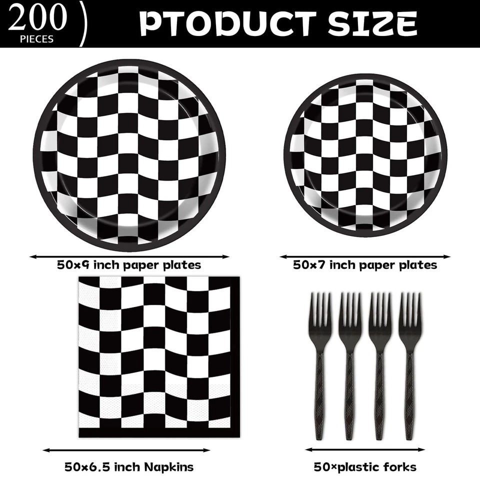 200 PIEZAS Platos de Fiesta a Cuadros Blanco y Negro Servilletas Coche de Carreras Pastel de Cumpleaños... Foto 2 de 4