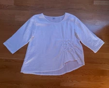 NWOT TULIP White Gauzy Cotton Top Blouse XS Shirred Pullover ¾ Slv LIghtweight