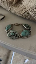 Turquoise Pewter Bracelet Southwestern Bojo Hook Clasp Vintage Women's Jewelry