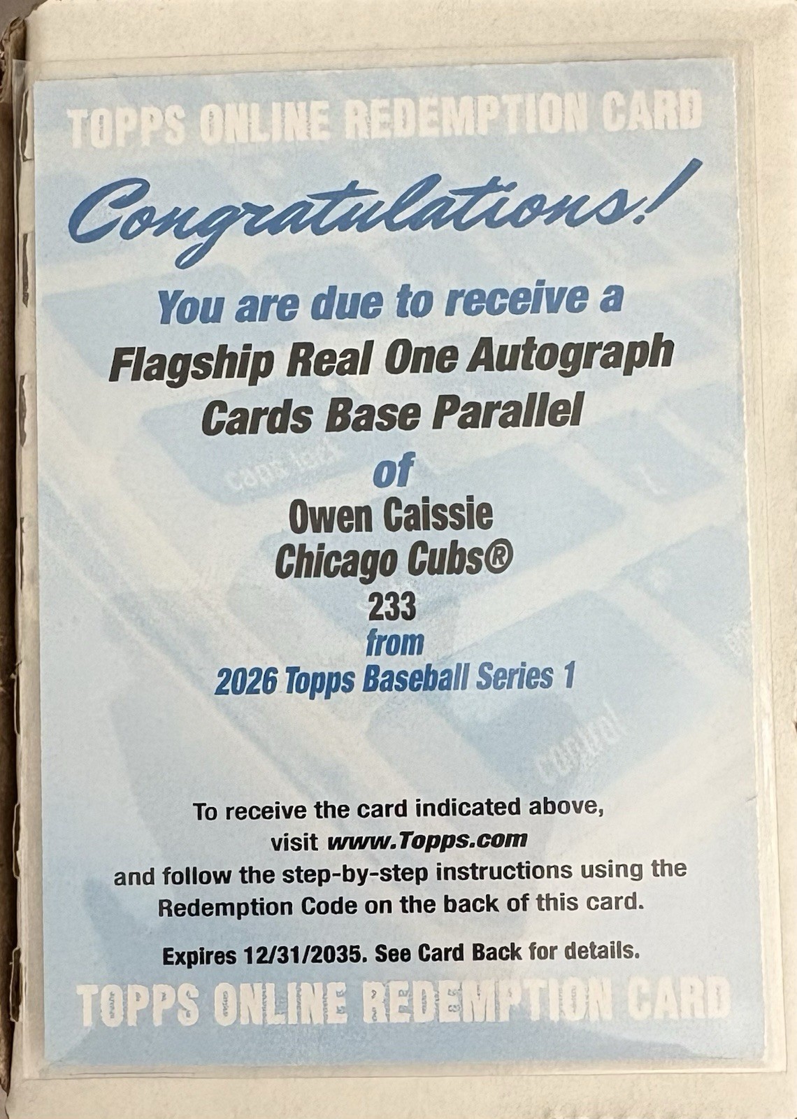 2026 Topps Owen Caissie Real One Auto Base Parallel Redemption