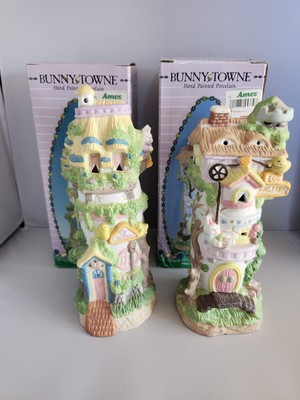 2 Vtg  Bunny Towne Easter Village Egg Factory & School Porcelain Hand Painted 