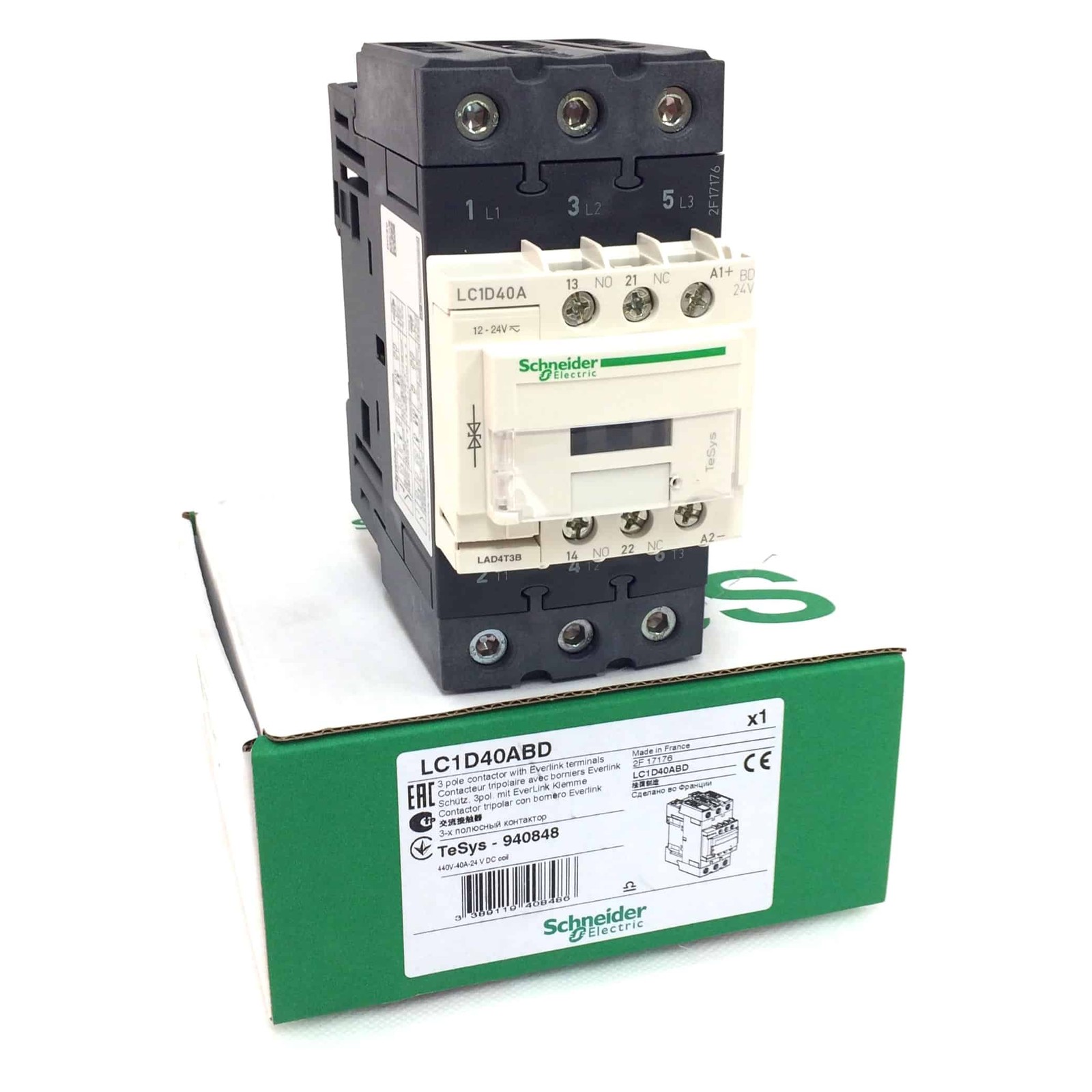 Contactor LC1D40ABD Schneider 3P (3NO) 1NC + 1NO Aux 24VDC 40A 18.5kW