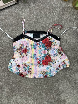 Nerzrosa Camisole Trägertop klein rosa Blumen schwarz Spitzenborte Sommer Rosen
