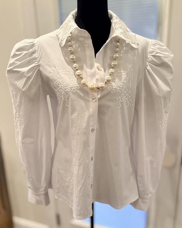 ALEZA Paris NWT White Cotton Embroidered Blouse Puff Sleeve Statement Collar L