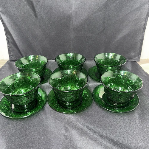 6 Vintage Anchor Hocking Forest Green Sandwich Custard Cups Set And Saucer Set