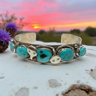 Jude Candelaria Zuni Turquoise .925 Sterling Silver Snake Motif Cuff 6.5" 27.1g