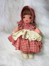 UNIQUE VINTAGE CLOTH DOLL 9" RED&WHITE GINGHAM DRESS EMBROIDERED FACE FELT SHOES