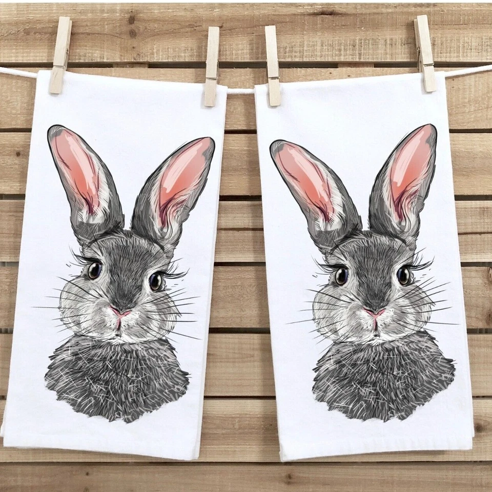 Toallas de té de Pascua, juego de 2, conejito gris, cocina o baño decoración de Pascua Foto 2 de 3
