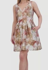 Vince Camuto Women's Beige Metallic Jacquard V Neck Fit And Flare Dress Size 2