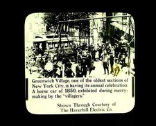 Magic Lantern Slide Greenwich Village Celebration 1850 Horse drawn Trolley NY