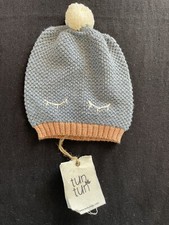Tun Tun Peru NWT Grey/Rust Seed Stitch Pima Cotton Knit Pompom Hat-9-12 Months