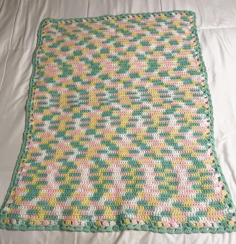 Afghan Vintage Small Baby Blanket Throw Pink Green Yellow White 32" x 37" Soft