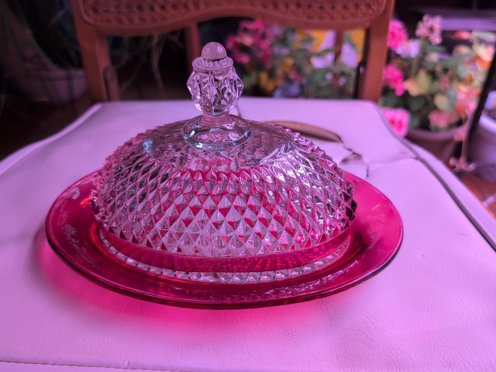 vintage Indiana Glass ruby red flash diamond point covered butter dish