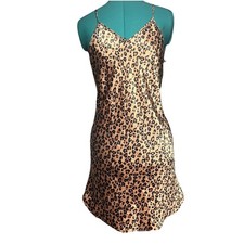 Leopard Print Satin Full Slip Dress Adjustable Straps Animal Wireless