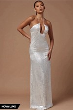 Fashion Nova White Satin Embellished Sequin Maxi Dress Halter Sleeveless M