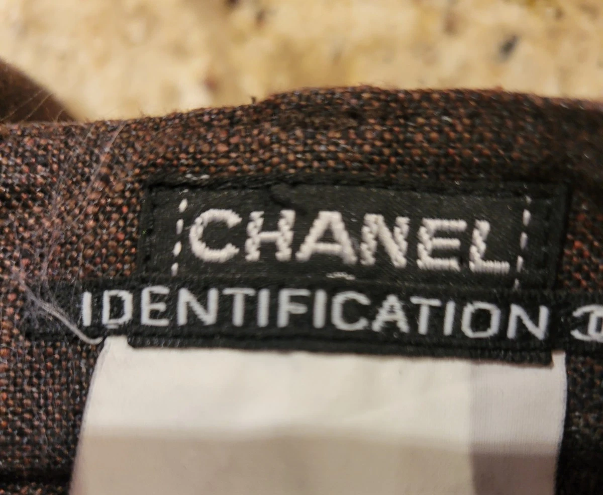 AUTENTICA TUTA LINO MARRONE CHANEL 2000 GIACCA CROPPED PANTALONI GAMBA LARGA LOGO BOTTONI 36
