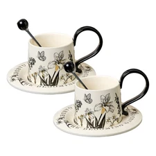 2 Pack Ceramic Tea Coffee Cup Floral Espresso Coffee Mug with Saucer and Spoon