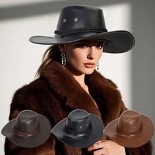 PU Leather Western Style Cowboy Hat for Men and Women Shapeable Wide Brim Hat