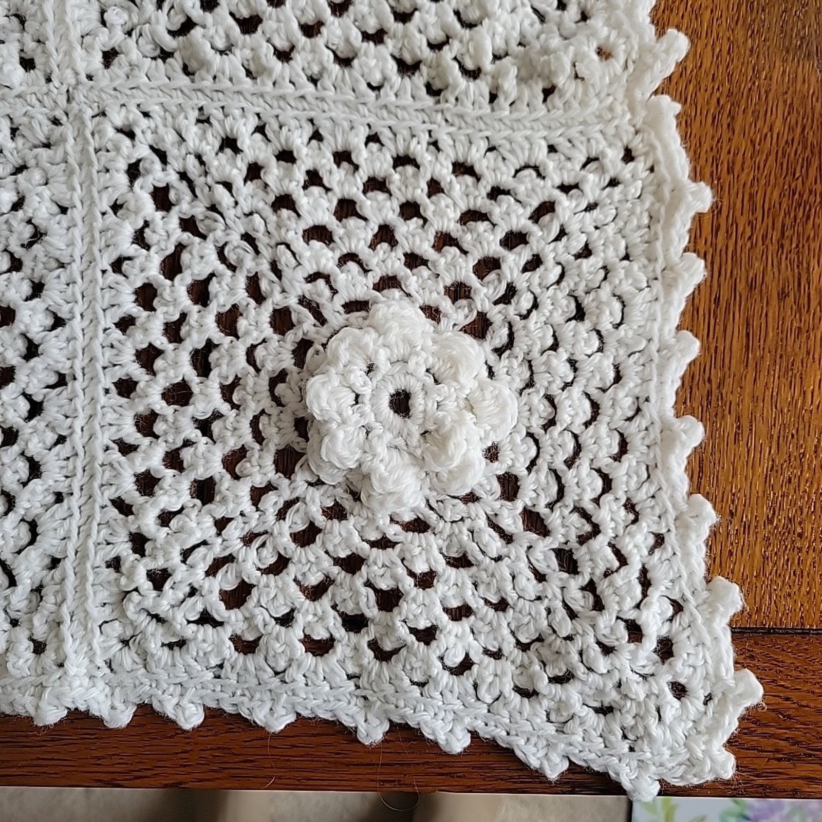 Afghan Granny Square ALL White Crochet 3D Flowers Open Weave Serrated ...