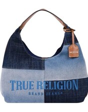 True Religion Blue Patchwork Logo Crescent Shoulder Bag, Silver Hardware