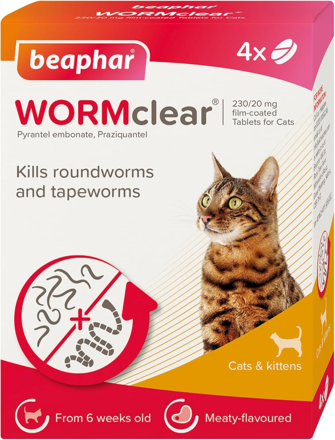 Beaphar WORMclear Tablets for Cats 4 Pack Vet Strength Kills Roundworms Tapeworm