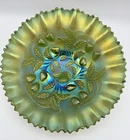 Antique NORTHWOOD Green Carnival Glass "Strawberry" PCE Bowl (Plain Back)