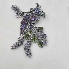 Kirks Folly Brooch Wisteria Silvertone Enamel Signed Fairy Pin  Mint Condition