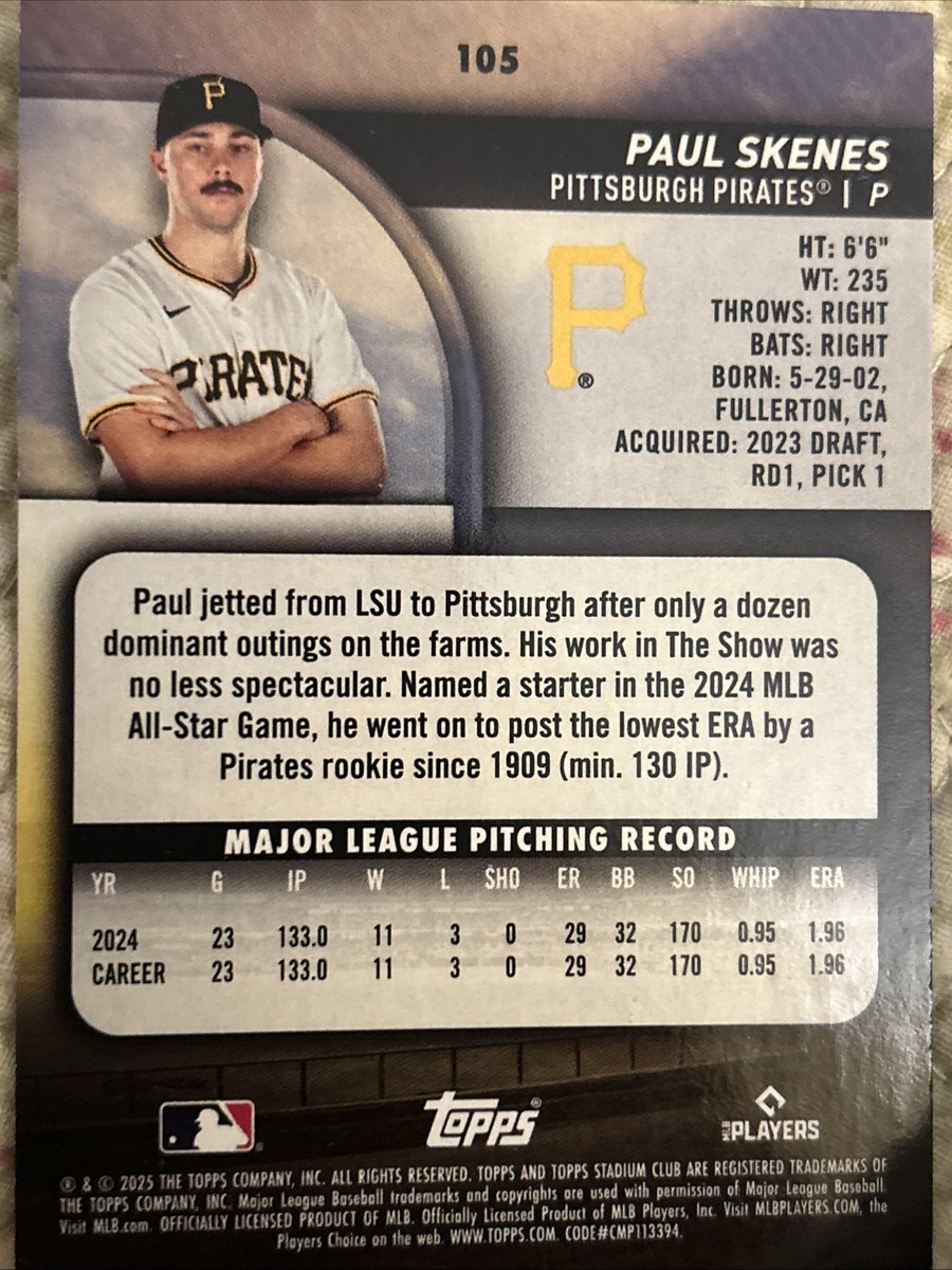 Paul Skenes 2026 Topps Stadium Club Baseball #105 Pittsburgh