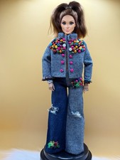 Handsewn Barbie Doll Outfit Beaded Jeans Jacket And Jean Pants  Curvy Doll 