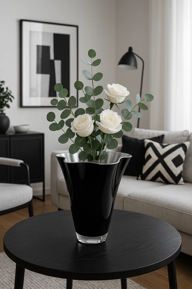 Vase Glas gewellt schwarz silber Glasvase Blumenvase mundgeblasen Tischvase - Bild 2 von 4