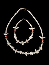 Kids Bracelet  Necklace Set Puka Birds Beautiful White  Pink Pooka Shell W2