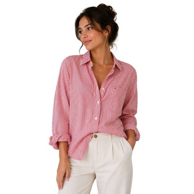 Tommy Hilfiger Academy Poplin Red White Stripe Button Down Shirt Women s S