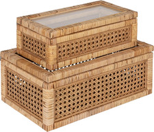 Creative Co-Op Modern Decorative Rectangle Woven Rattan and Wood Display Boxes w