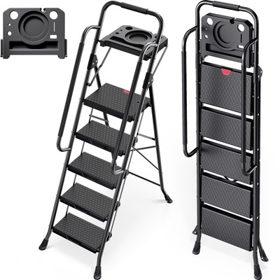 5 Step Ladder, Folding Step Stool for Adult with Tool Platform, Handrails, Wi...