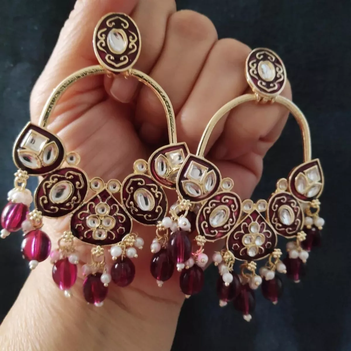 Indian Bollywood Style Gold Plated Kundan Earrings Maroon Meena
