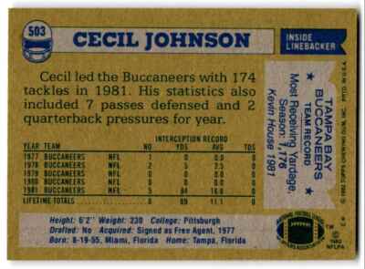 1982 Topps Cecil Johnson Tampa Bay Buccaneers #503