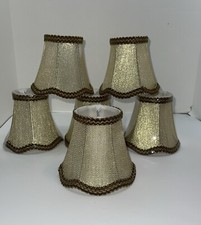 Fabric Gold Chandelier Lamp Shade Chip On Brown Trim 4 3/4" Tall Set of 6