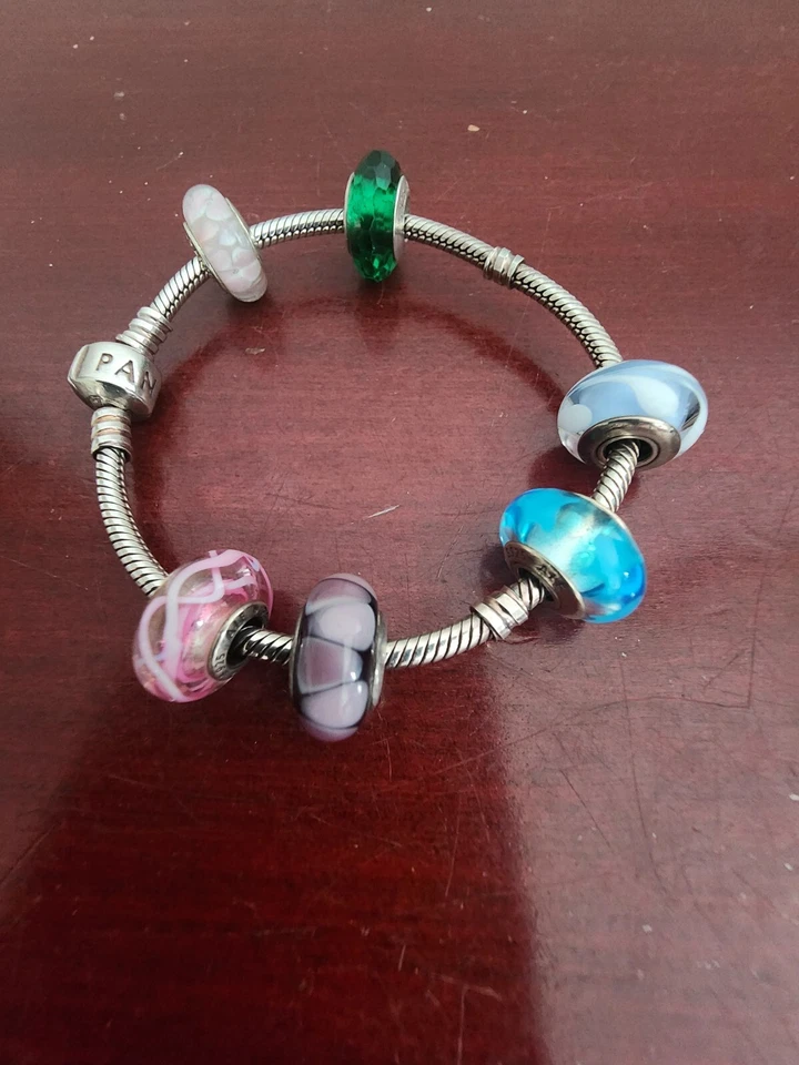 PANDORA 925 STERLING SILVER BRACELET W/(6) PANDORA 925 MURANO GLASS CHARMS. 7.5" - Image 2 of 4