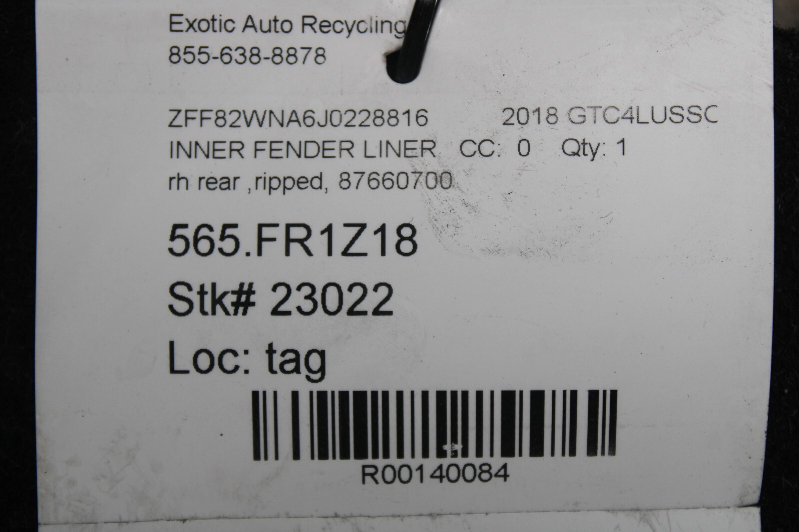 Ferrari GTC4 Lusso, RH, Rear Fender Liner, Rear Section, Used, Dmg, P/N 87660700
