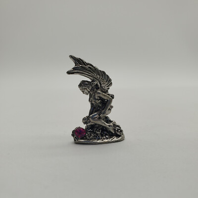 OCI Pewter Kneeling Winged Fairy with Pink Crystal Miniature Figurine #4121
