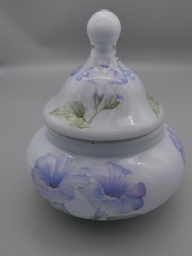 Morning Glory Apothecary Jar Circus Tent Lid Purple Flower Vanity Vintage MCM 6" - Picture 15 of 19