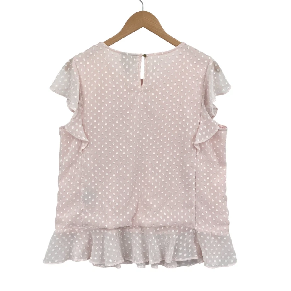Liz Claiborne Career Blouse Top Womens Medium Pink Embroidered Polka Dot Ruffled - Image 2 of 4