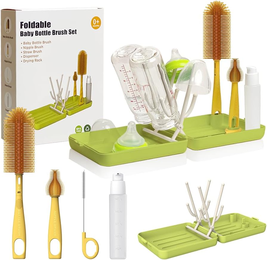 YOTIME Travel Baby Bottle Brush Set with Foldable Drying Rack-BPA