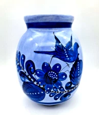 Tonala Mexico Extra Large Pottery Vase Crock Folk Art Blue Bird Florals 11"