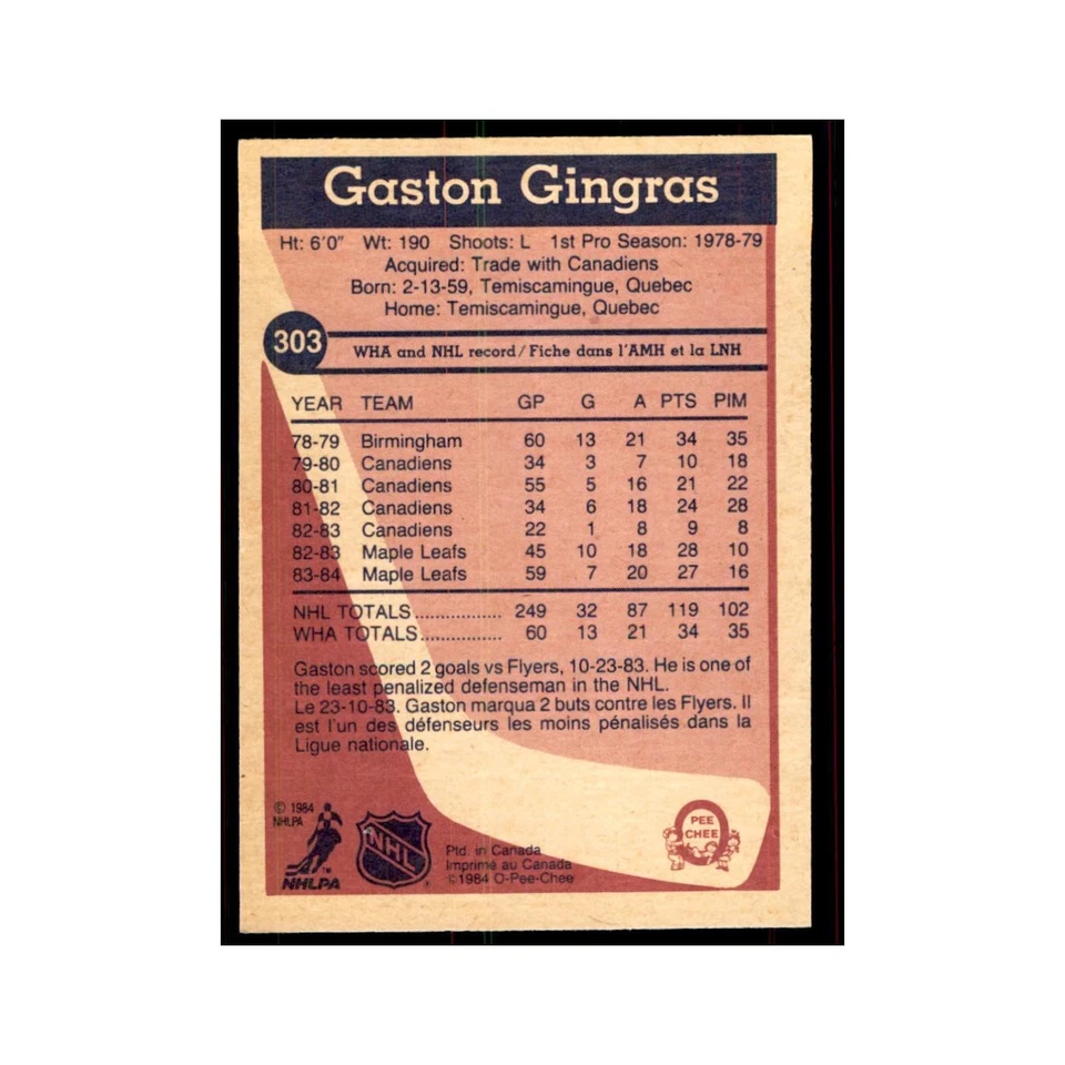 1984 O-Pee-Chee Gaston Gingras Toronto Maple Leafs #303 - Image 2 of 3