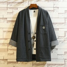 Men Chinese Denim Cardigan Coat Jacket Tang Suit Button Pocket Loose Vintage