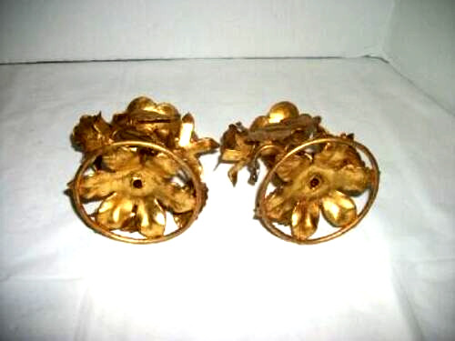 ITALIAN TOLE GILT ROSES CANDLE HOLDERS 1960s HOLLYWOOD REGENCY MID CENTURY