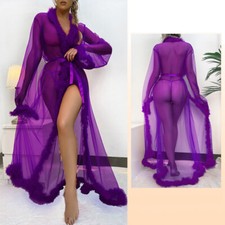 See Through Nightwear Feather Trim Mesh Long Sleeve Long Gown