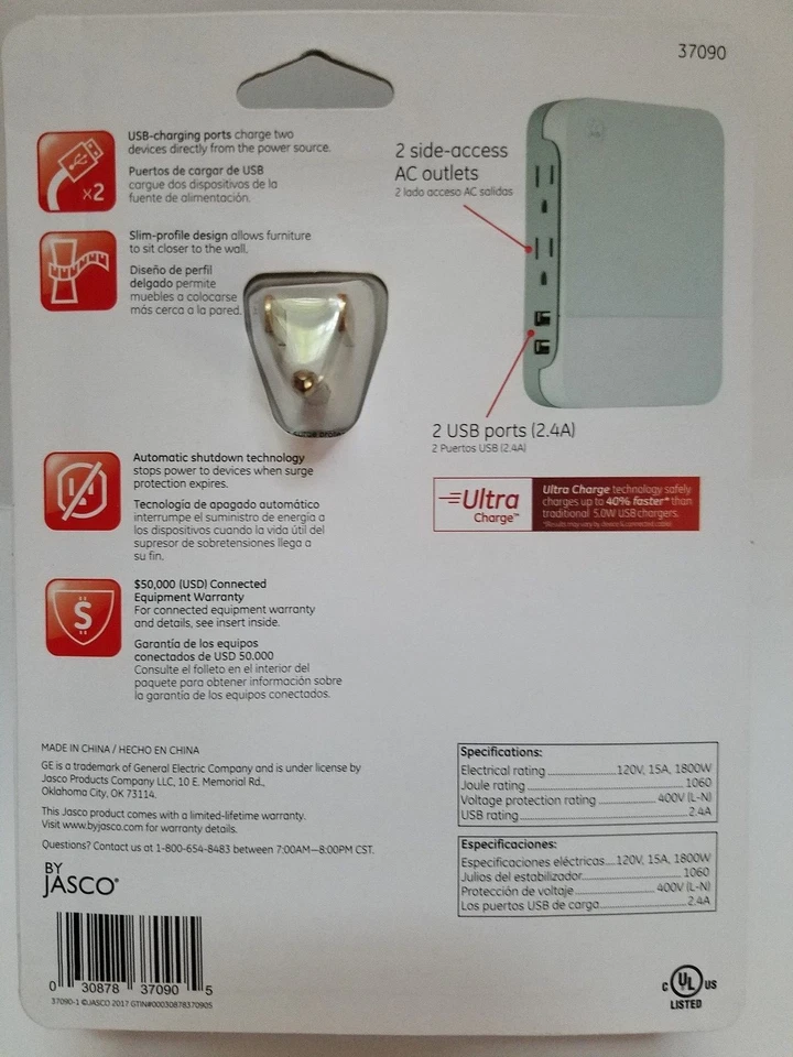 GE Pro 2 Outlet + 2 USB Side Access Surge Protector, 2.4 Amp, White, Model 37090 - Image 2 of 3